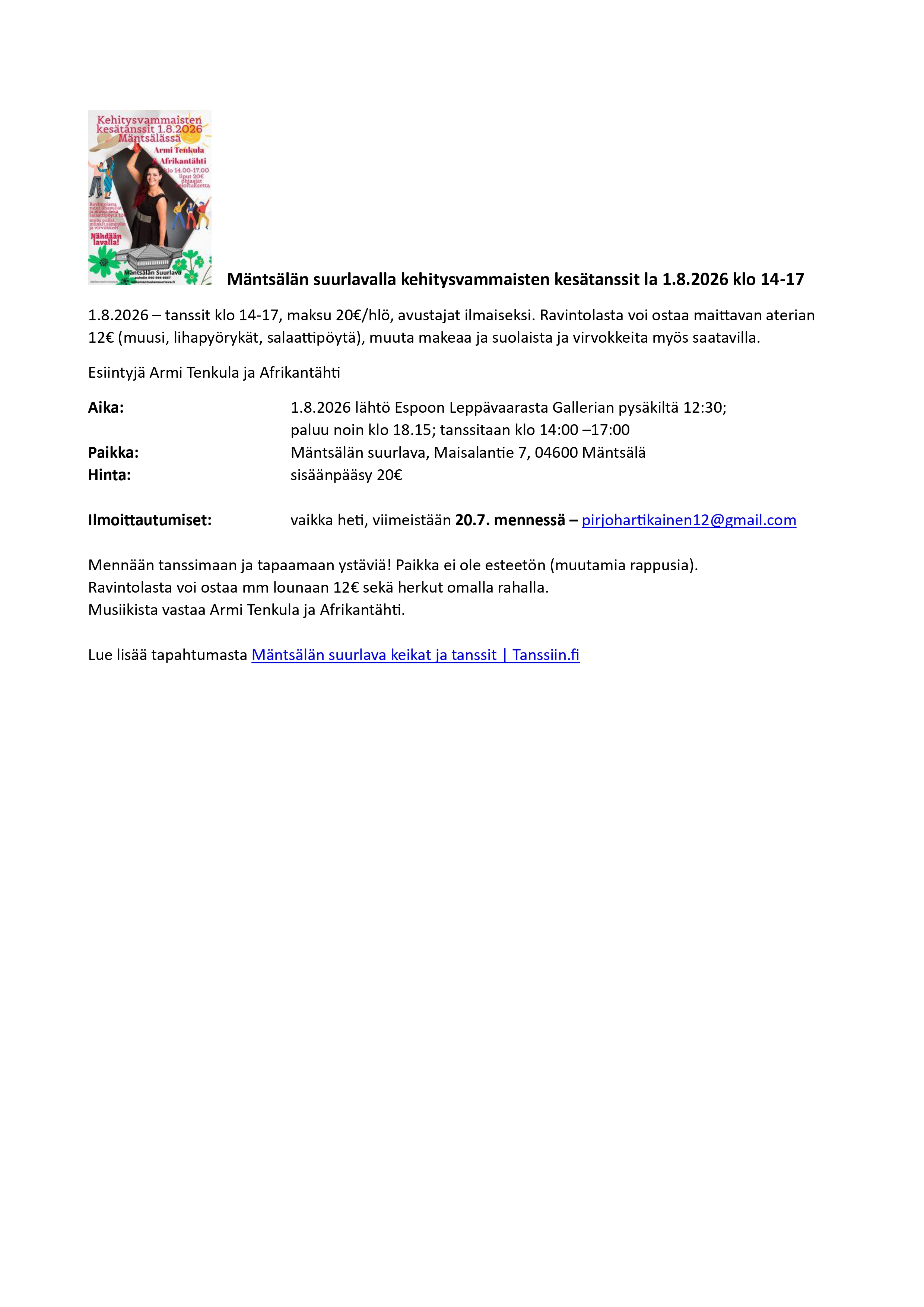 Kesätanssit Mäntsälässä info