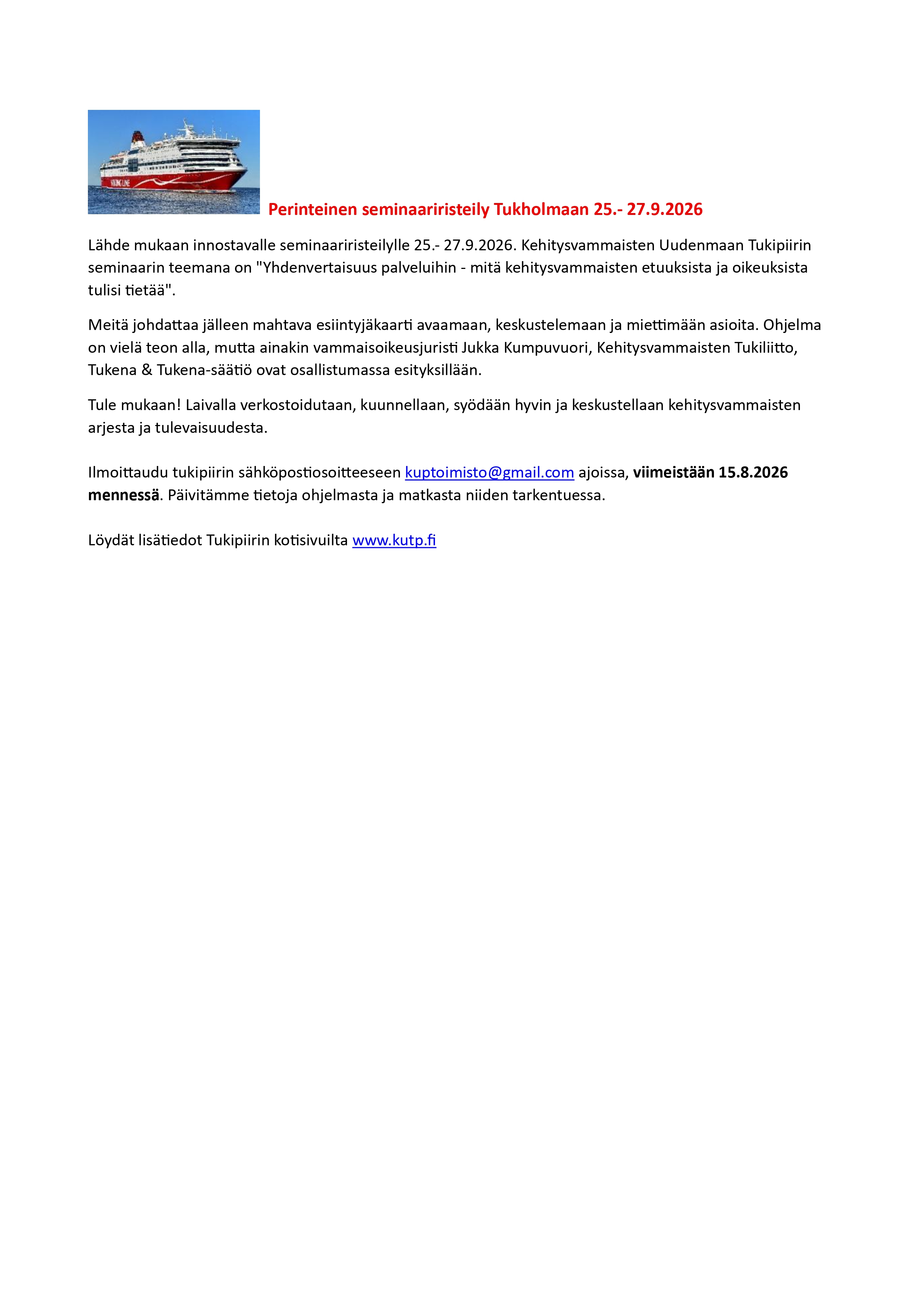 Perinteinen seminaari risteily Tukholmaan vuosi 2026